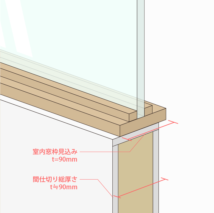 木製室内窓の納め方/マンション間仕切り壁t=90mm程度の場合