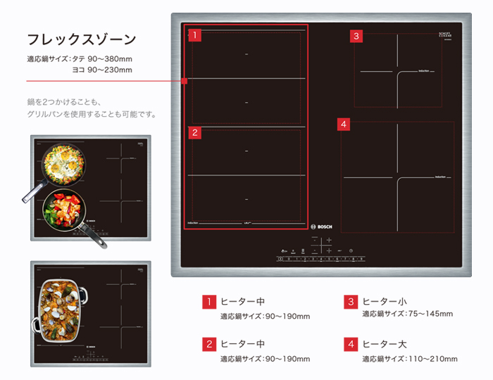 ボッシュIHクッキングヒーター、特徴的なフレックスゾーン