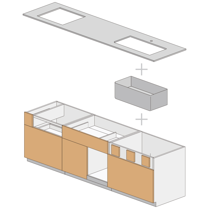 キッチンをつくるうえでベースキットとなる、カウンター・シンク・キャビネット収納をセットにしたキッチンユニットであるキッチン・キット