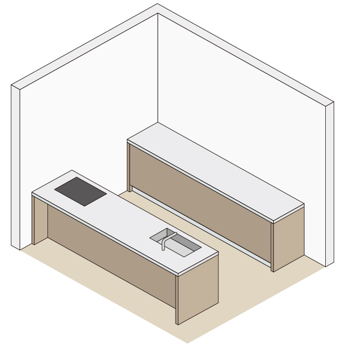 Ⅰ型キッチン×カップボードの対面型キッチンレイアウト