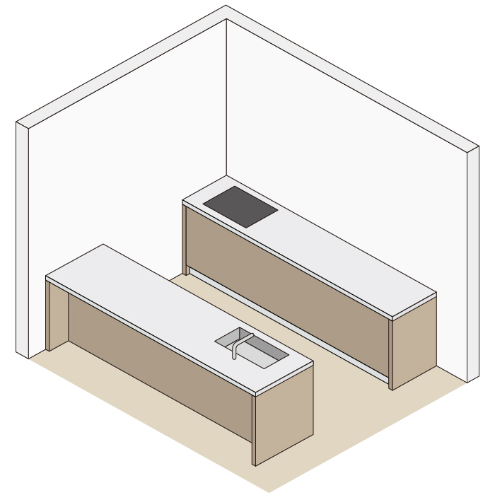 Ⅱ型キッチンシンク×コンロの対面型キッチンレイアウト