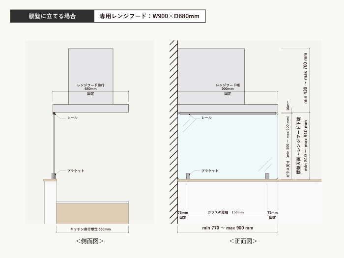 カウンタークリーン（ハイタイプ）と専用レンジフードのサイズ/腰壁に立てる場合