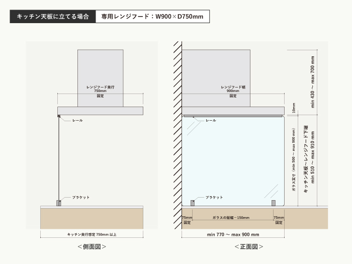 カウンタークリーン（ハイタイプ）と専用レンジフードのサイズ/キッチン天板に立てる場合