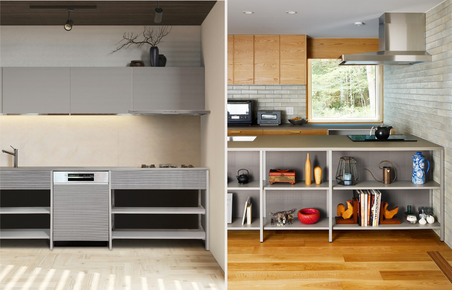 インテリアに溶け込むフレームキッチンekrea SHEER kitchenの事例イメージ（グレー/ベージュ）