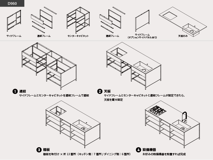 フレームキッチンekrea SHEER kitchenの組み立て方：フレームタイプD960