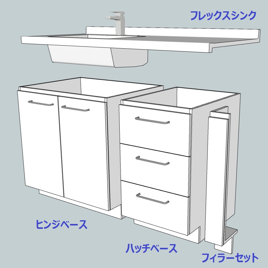 セミオーダー人工大理石一体洗面カウンターFlex Sink（ﾌﾚｯｸｽｼﾝｸ）専用キャビネット